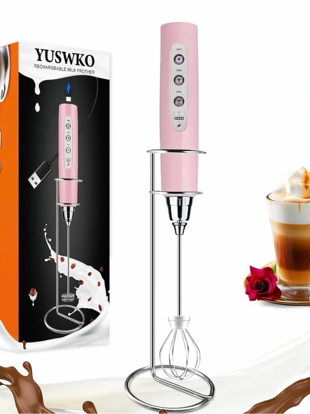 Rechargeable Milk Frother Pink | 3-Speed | USB-C | Stand Included 🌸